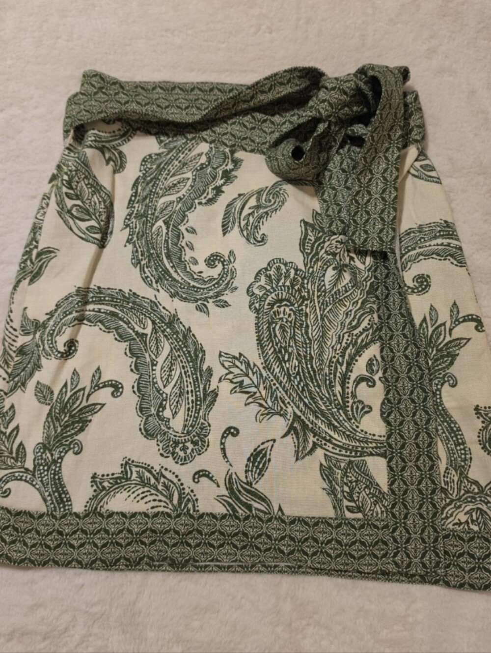 Zara Cream and Green Paisley Wrap Mini Skirt